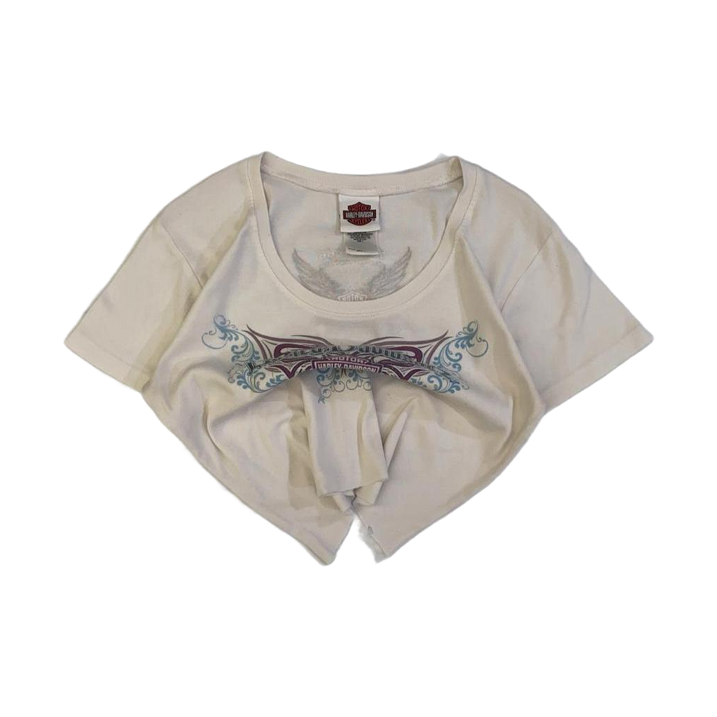 1628 Harley Davidson Women's Y2K Tattoo Style Logo Short Sleeve T Shirt White L