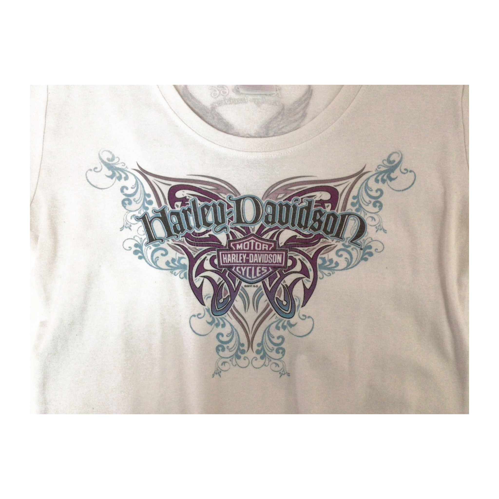 1628 Harley Davidson Women's Y2K Tattoo Style Logo Short Sleeve T Shirt White L