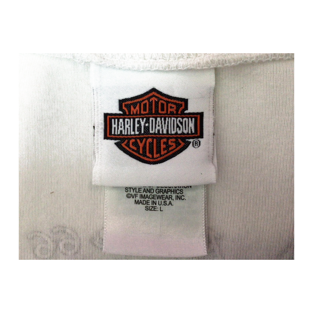 1628 Harley Davidson Women's Y2K Tattoo Style Logo Short Sleeve T Shirt White L