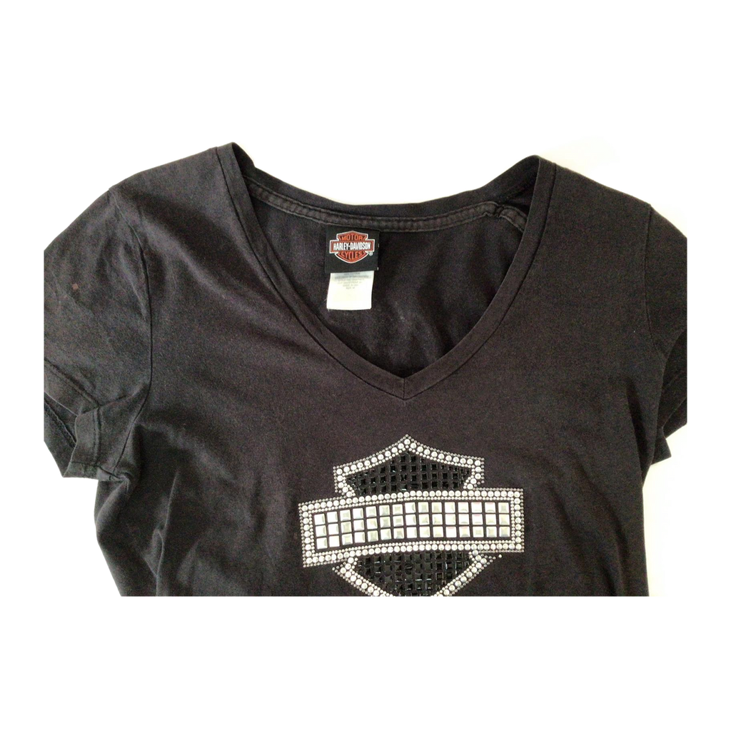 1641 Harley Davidson Women's Bedazzled Logo Short Sleeve V Neck T Shirt Black M