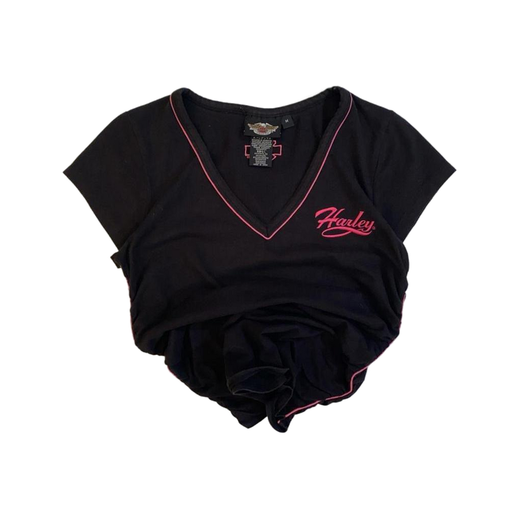 1642 Harley Davidson Women's Contrast Stitch Short Sleeve Baby Doll T Shirt Black M