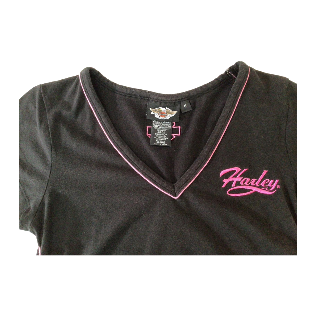 1642 Harley Davidson Women's Contrast Stitch Short Sleeve Baby Doll T Shirt Black M