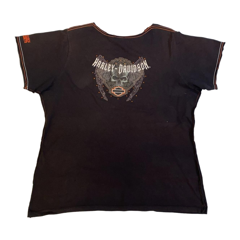 1643 Harley Davidson Women's Rhinestone Skull Short Sleeve T Shirt Black 2XL