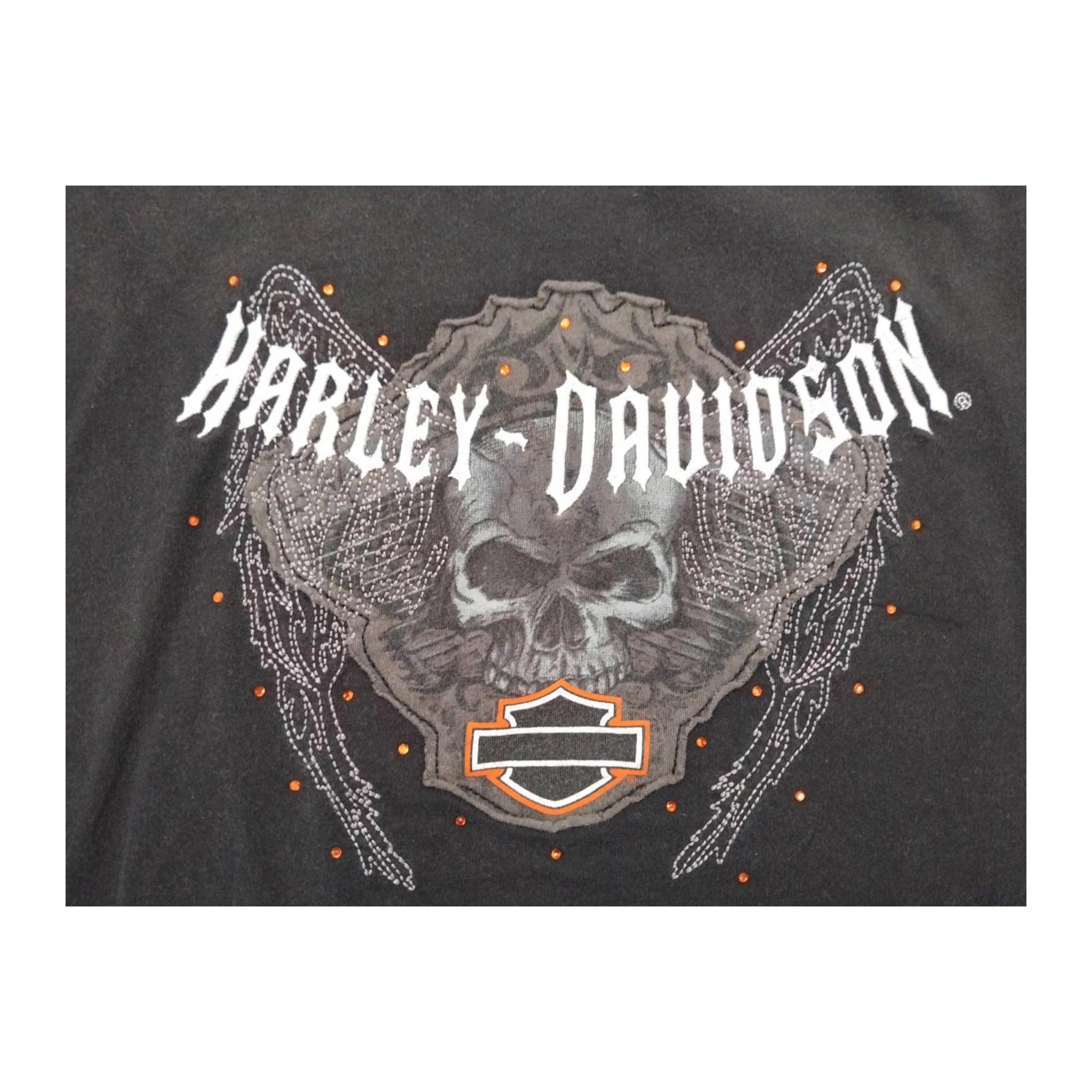 1643 Harley Davidson Women's Rhinestone Skull Short Sleeve T Shirt Black 2XL