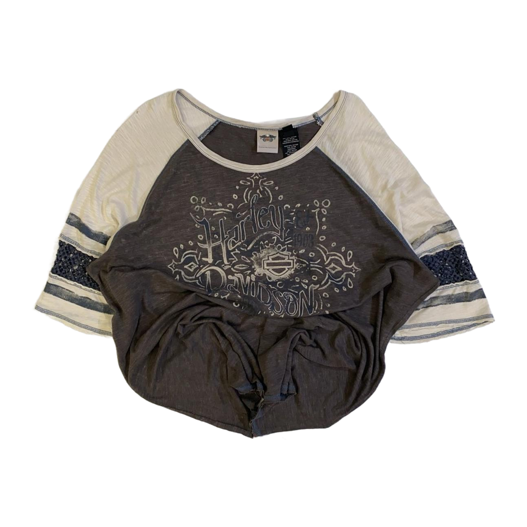 1645 Harley Davidson Women's Boho Accent Quarter Sleeve Baseball T Grey 2XL