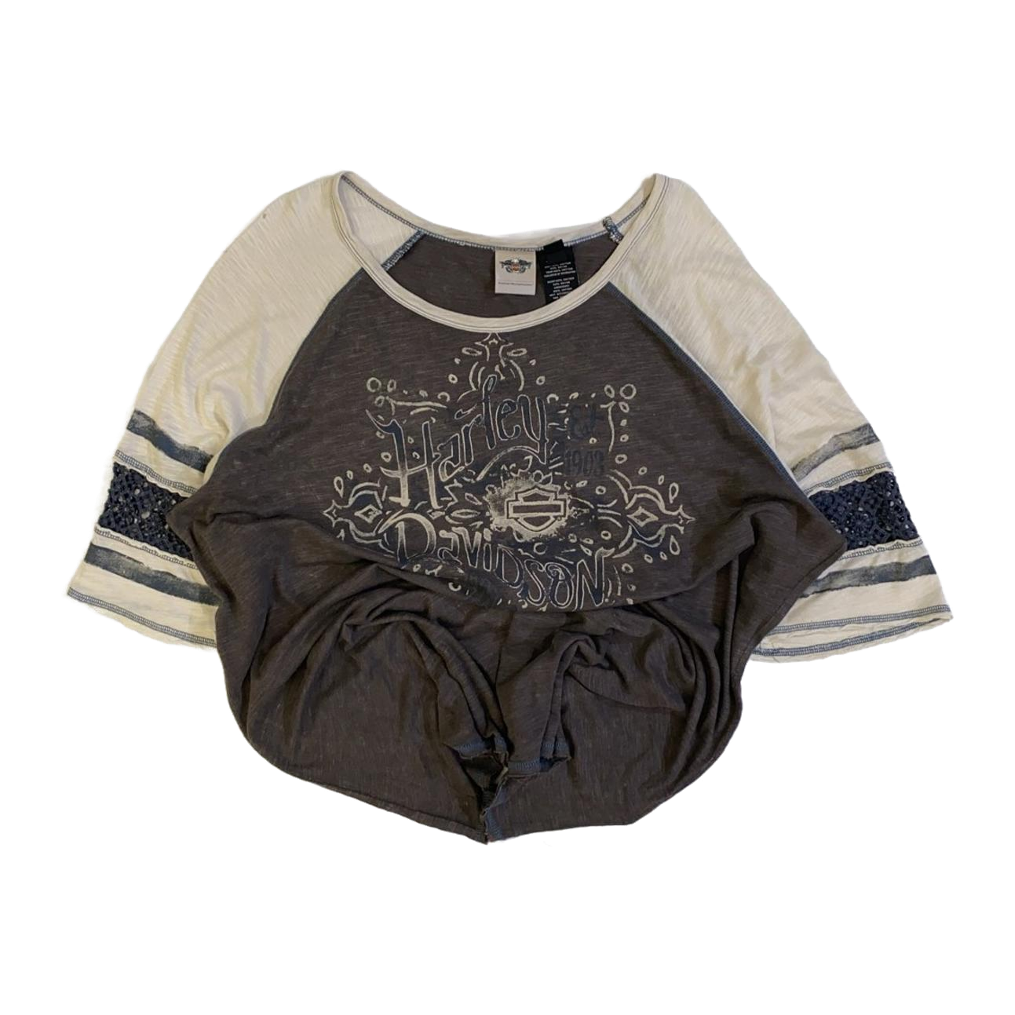 1645 Harley Davidson Women's Boho Accent Quarter Sleeve Baseball T Grey 2XL