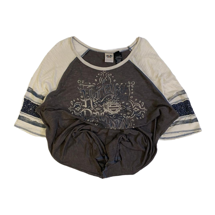 Harley Davidson Women's Boho Accent Quarter Sleeve Baseball T Grey 2XL