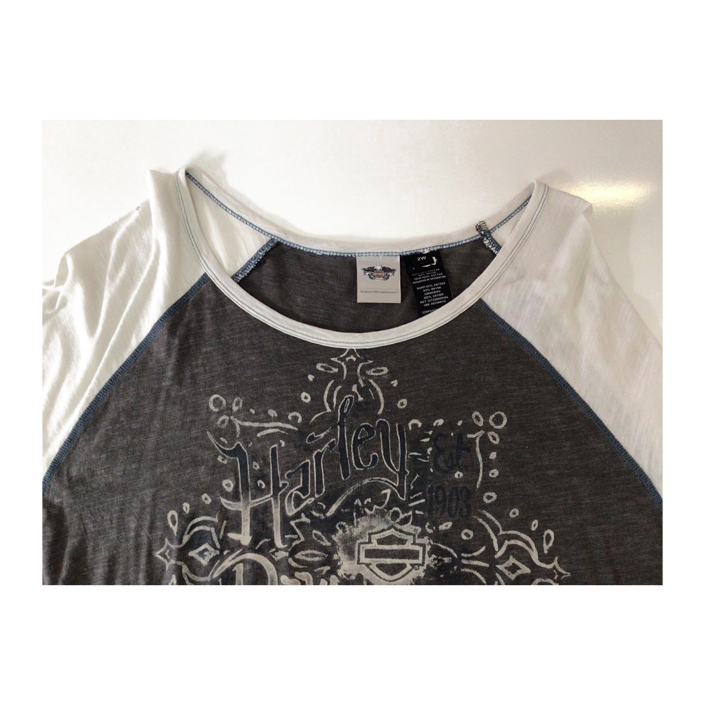 1645 Harley Davidson Women's Boho Accent Quarter Sleeve Baseball T Grey 2XL