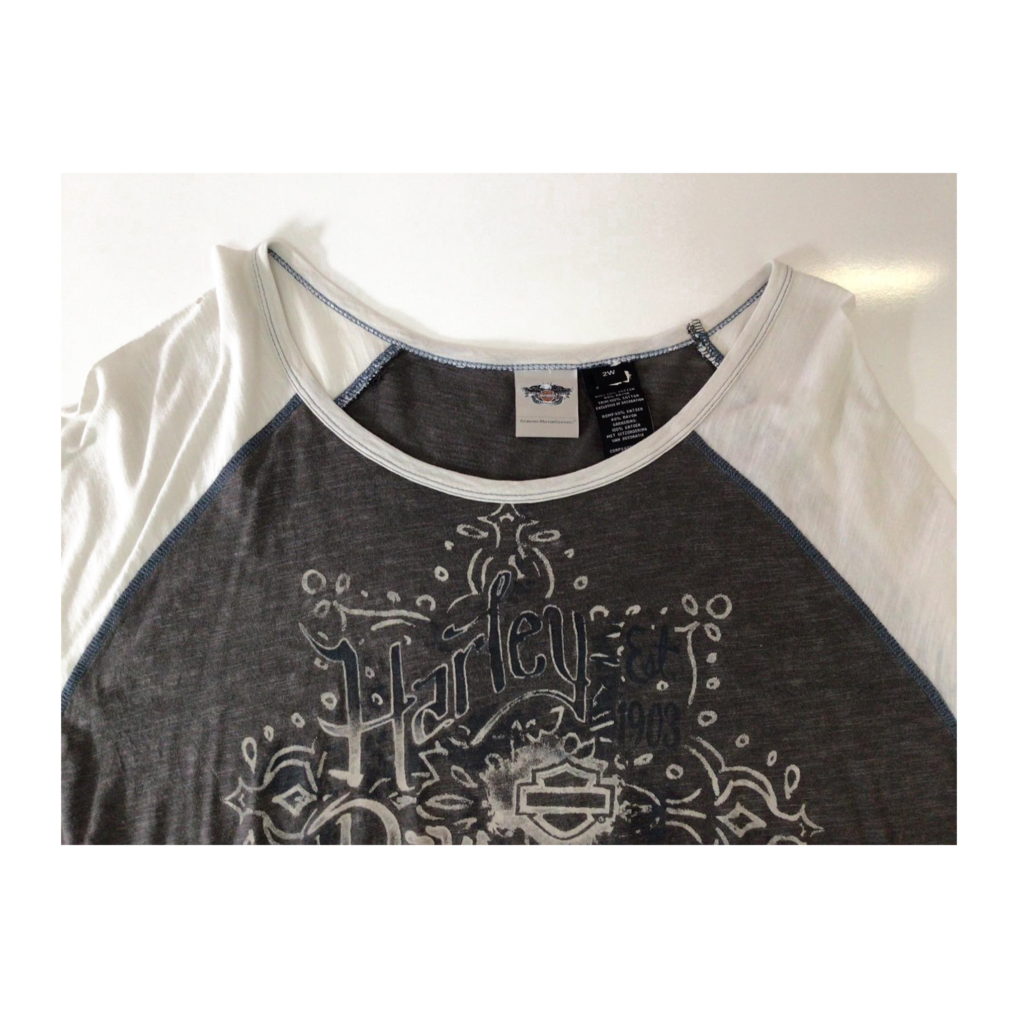 1645 Harley Davidson Women's Boho Accent Quarter Sleeve Baseball T Grey 2XL