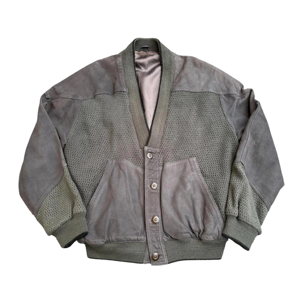356 Aquascutum Classic 4 Button Leather Trim Wool Cardigan Jacket Khaki Grey L