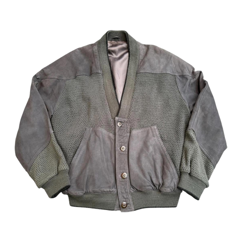 356 Aquascutum Classic 4 Button Leather Trim Wool Cardigan Jacket Khaki Grey L