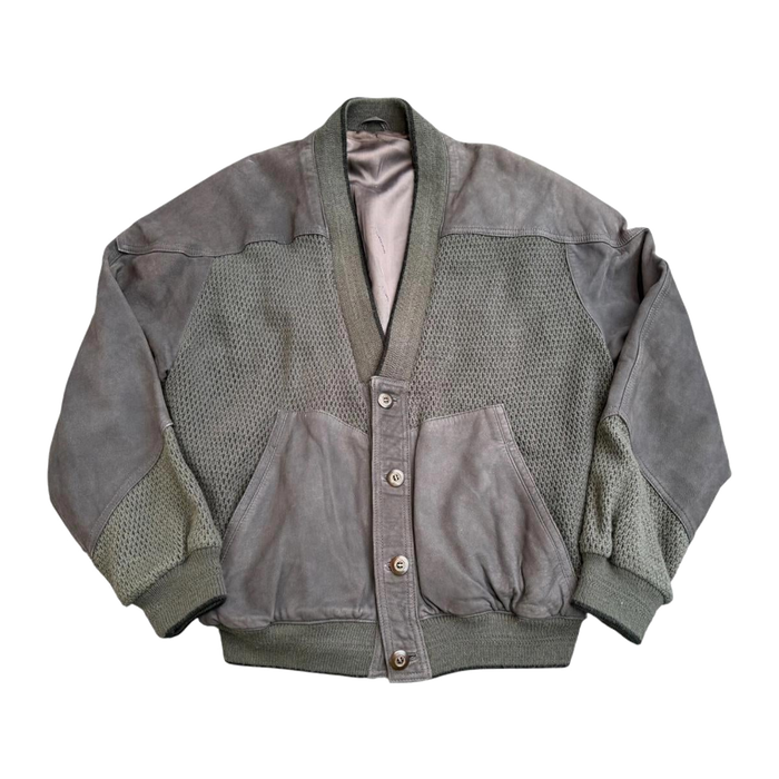 Aquascutum Classic 4 Button Leather Trim Wool Cardigan Jacket Khaki Grey L