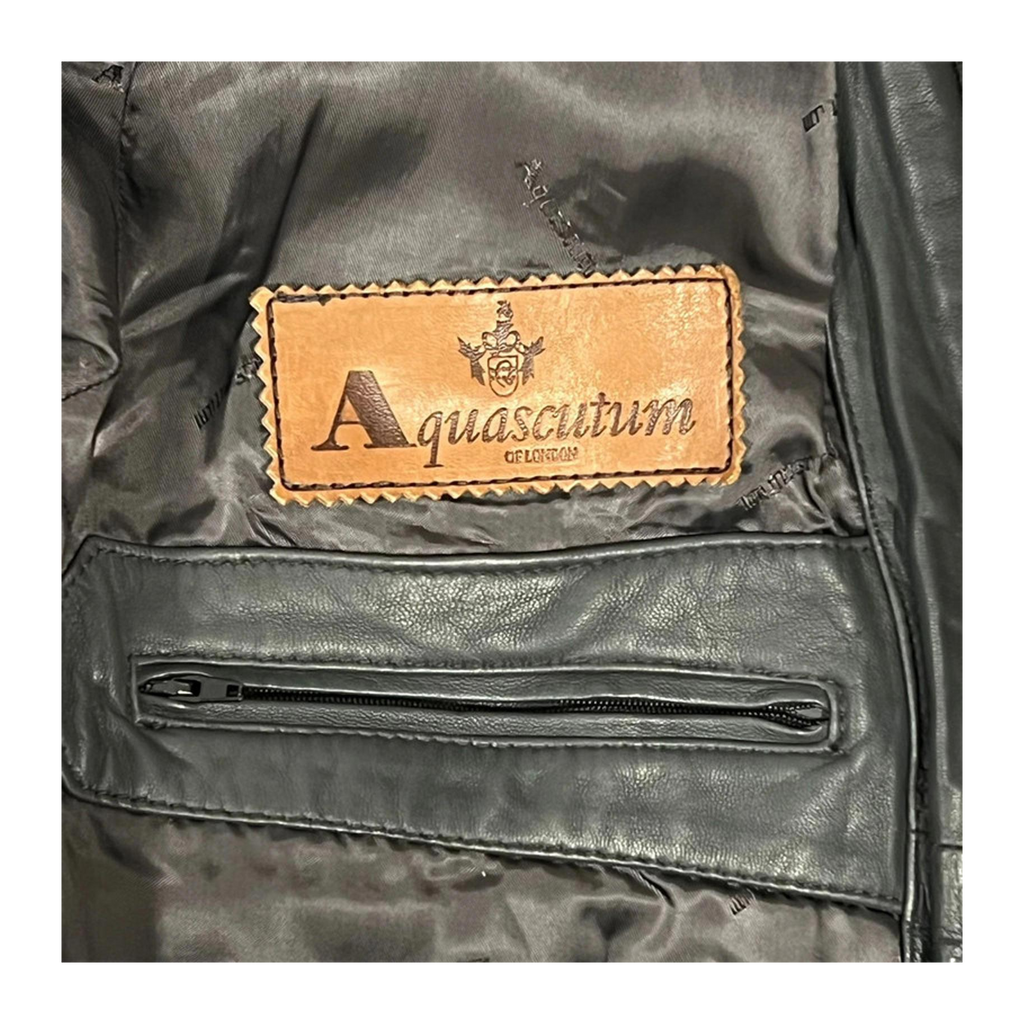 356 Aquascutum Classic 4 Button Leather Trim Wool Cardigan Jacket Khaki Grey L