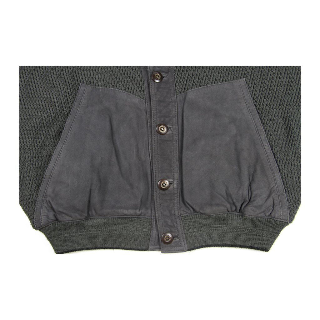 356 Aquascutum Classic 4 Button Leather Trim Wool Cardigan Jacket Khaki Grey L