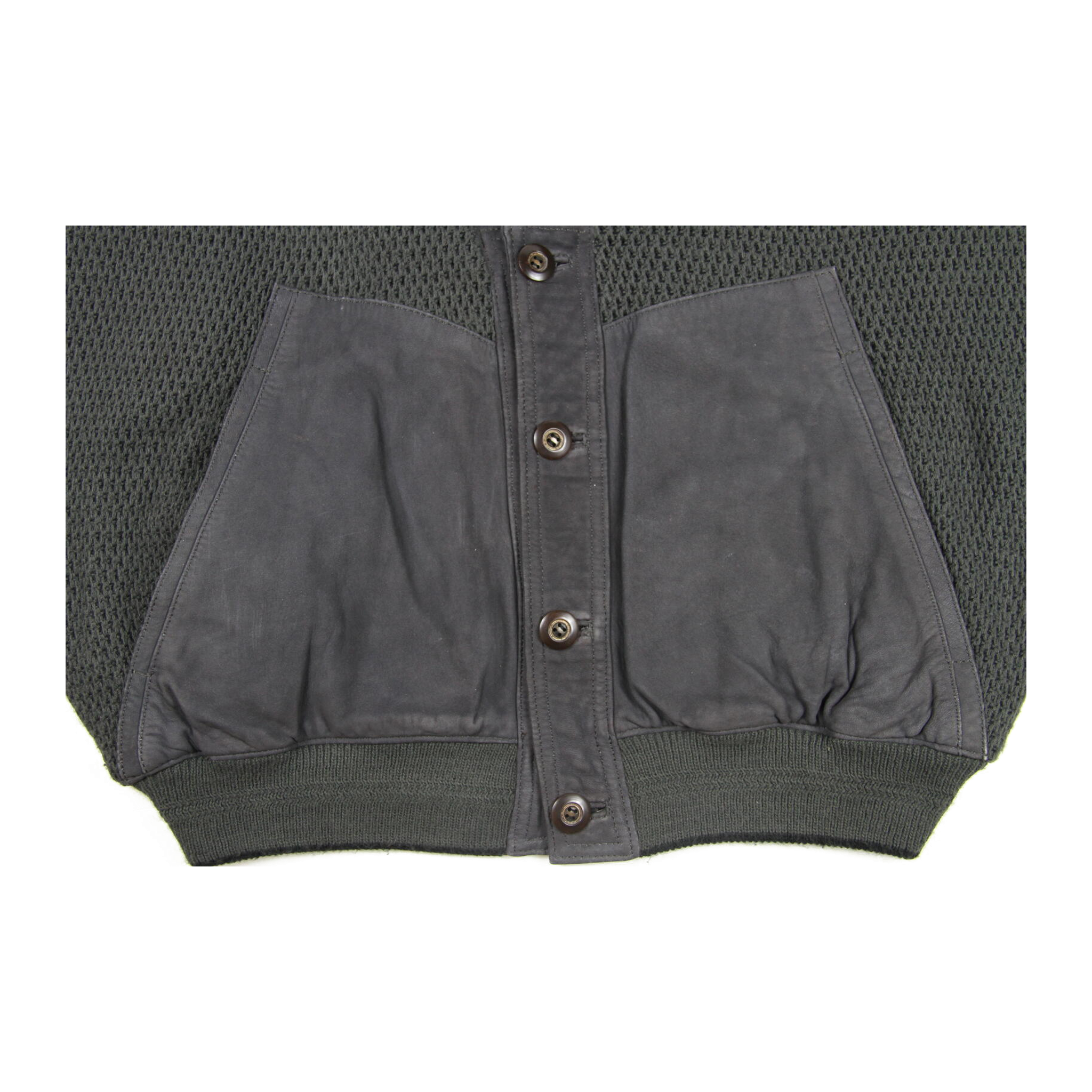 356 Aquascutum Classic 4 Button Leather Trim Wool Cardigan Jacket Khaki Grey L