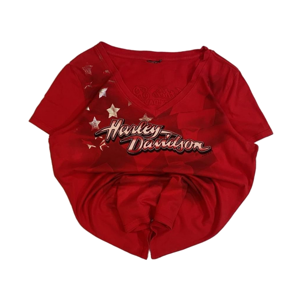 1659 Harley Davidson Women's Mother Road Stars and Stripes Short Sleeve V Neck T Shirt Red L