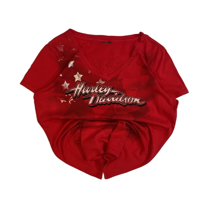 Harley Davidson Women's Mother Road Stars and Stripes Short Sleeve V Neck T Shirt Red L
