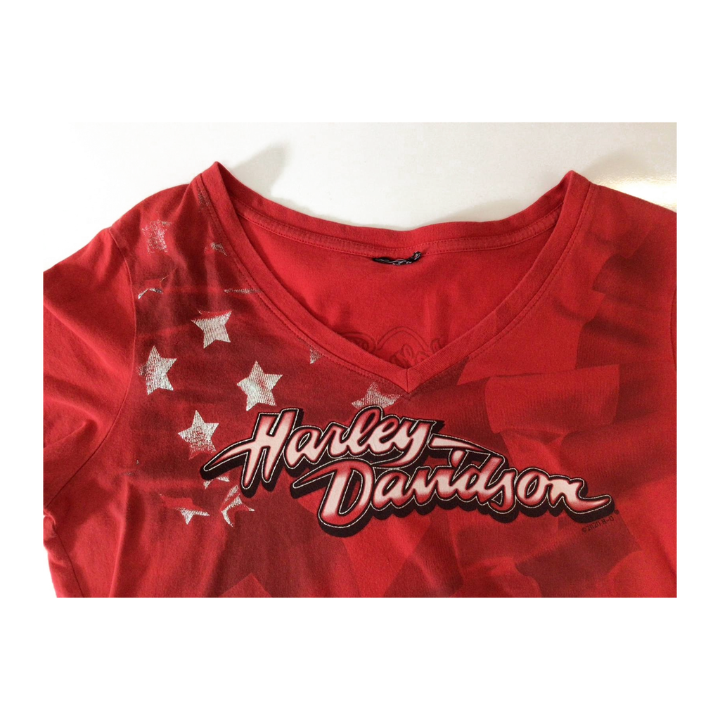 1659 Harley Davidson Women's Mother Road Stars and Stripes Short Sleeve V Neck T Shirt Red L