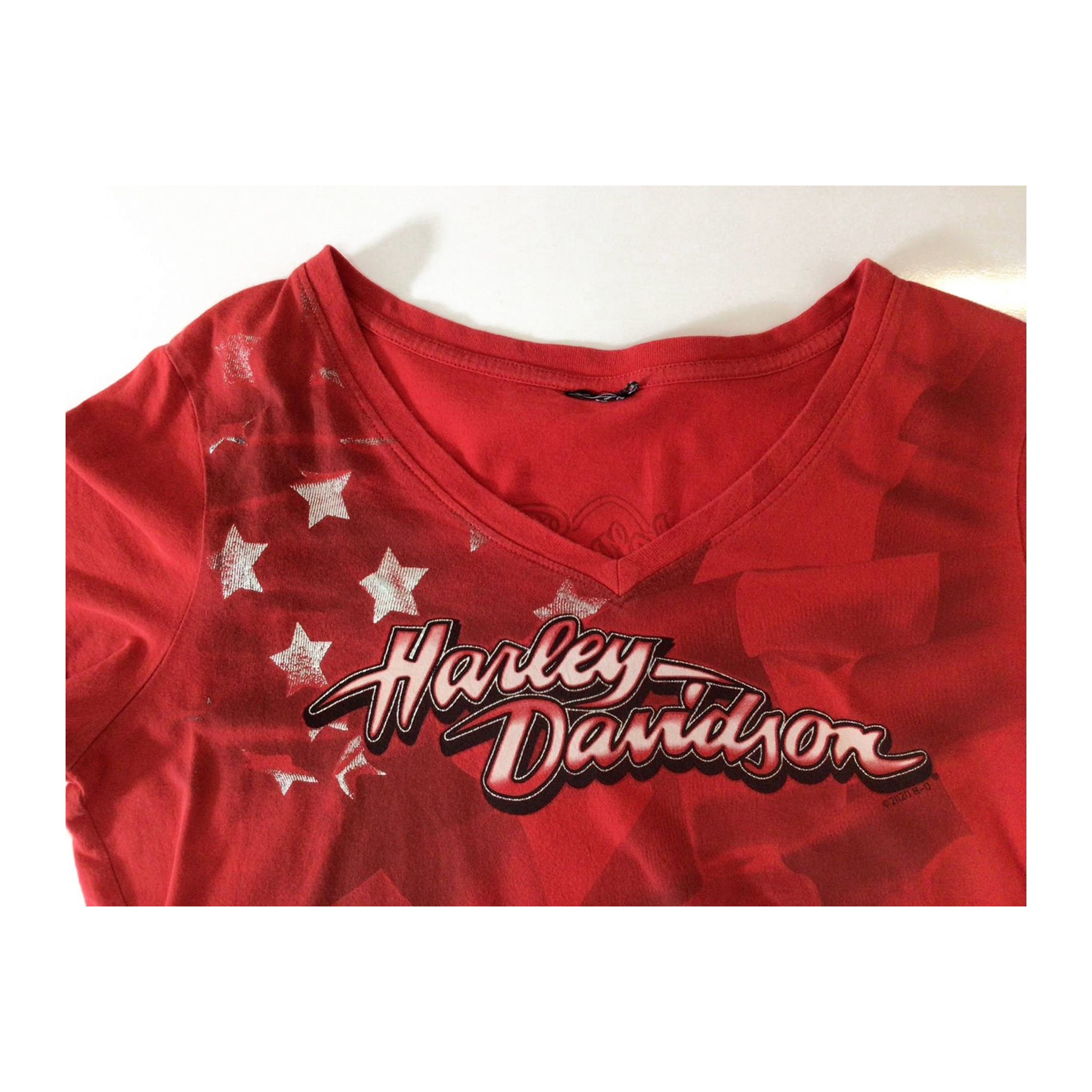 1659 Harley Davidson Women's Mother Road Stars and Stripes Short Sleeve V Neck T Shirt Red L