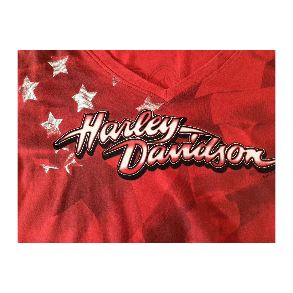 1659 Harley Davidson Women's Mother Road Stars and Stripes Short Sleeve V Neck T Shirt Red L
