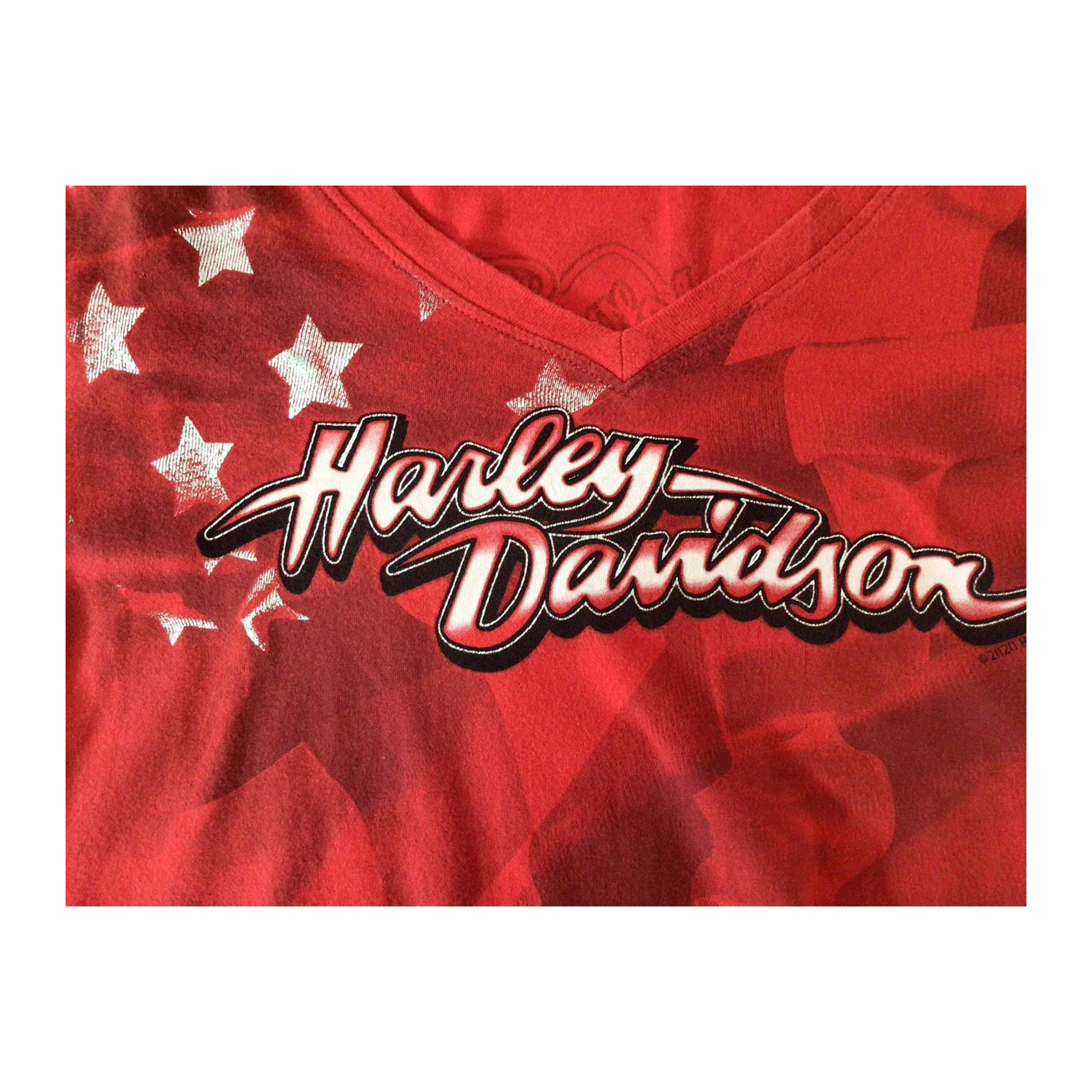 1659 Harley Davidson Women's Mother Road Stars and Stripes Short Sleeve V Neck T Shirt Red L