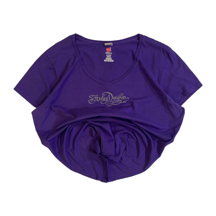 Harley Davidson Women's Y2K Short Sleeve V Neck T Shirt Purple XL