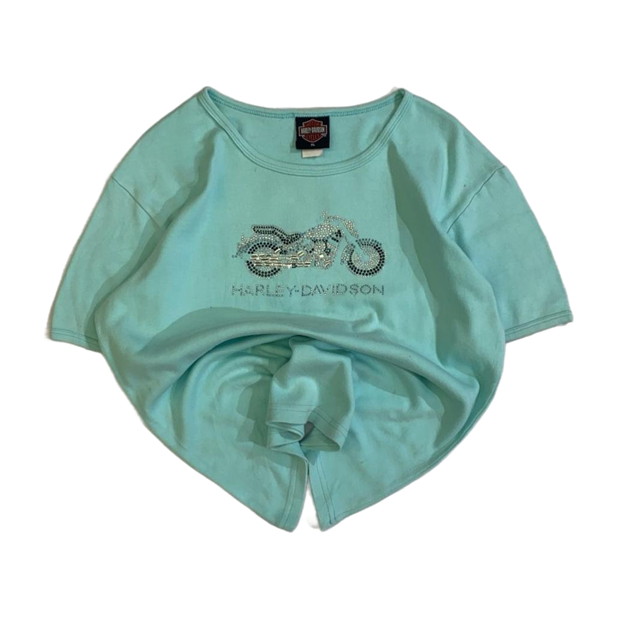 1657 Harley Davidson Women's Y2K Bedazzled Motorcycle Short Sleeve T Shirt Turquoise XL