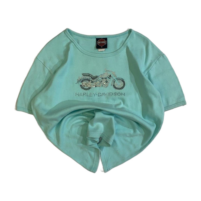 Harley Davidson Women's Y2K Bedazzled Motorcycle Short Sleeve T Shirt Turquoise XL