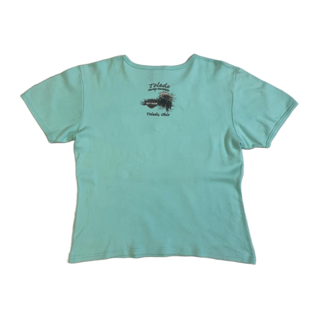 1657 Harley Davidson Women's Y2K Bedazzled Motorcycle Short Sleeve T Shirt Turquoise XL