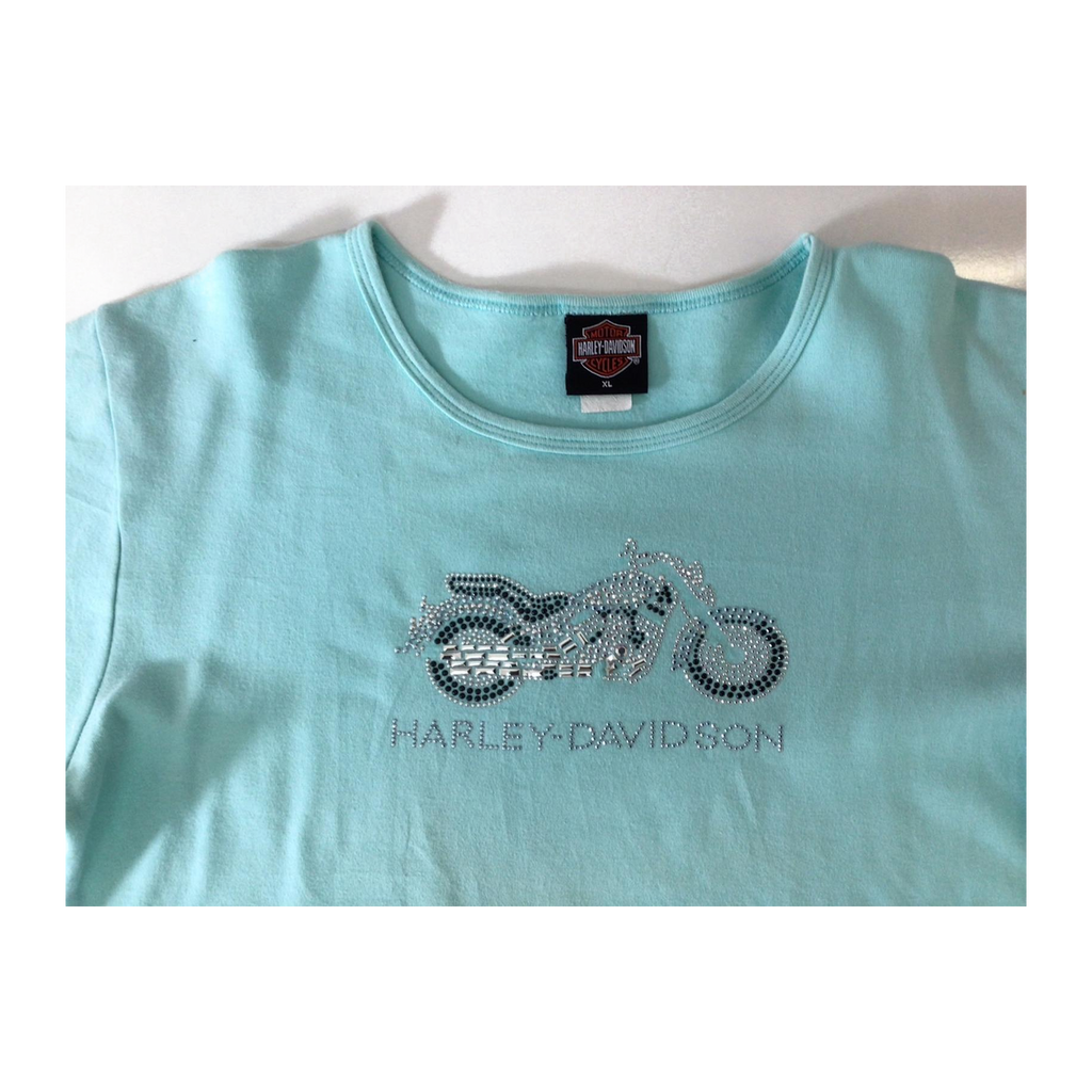 1657 Harley Davidson Women's Y2K Bedazzled Motorcycle Short Sleeve T Shirt Turquoise XL