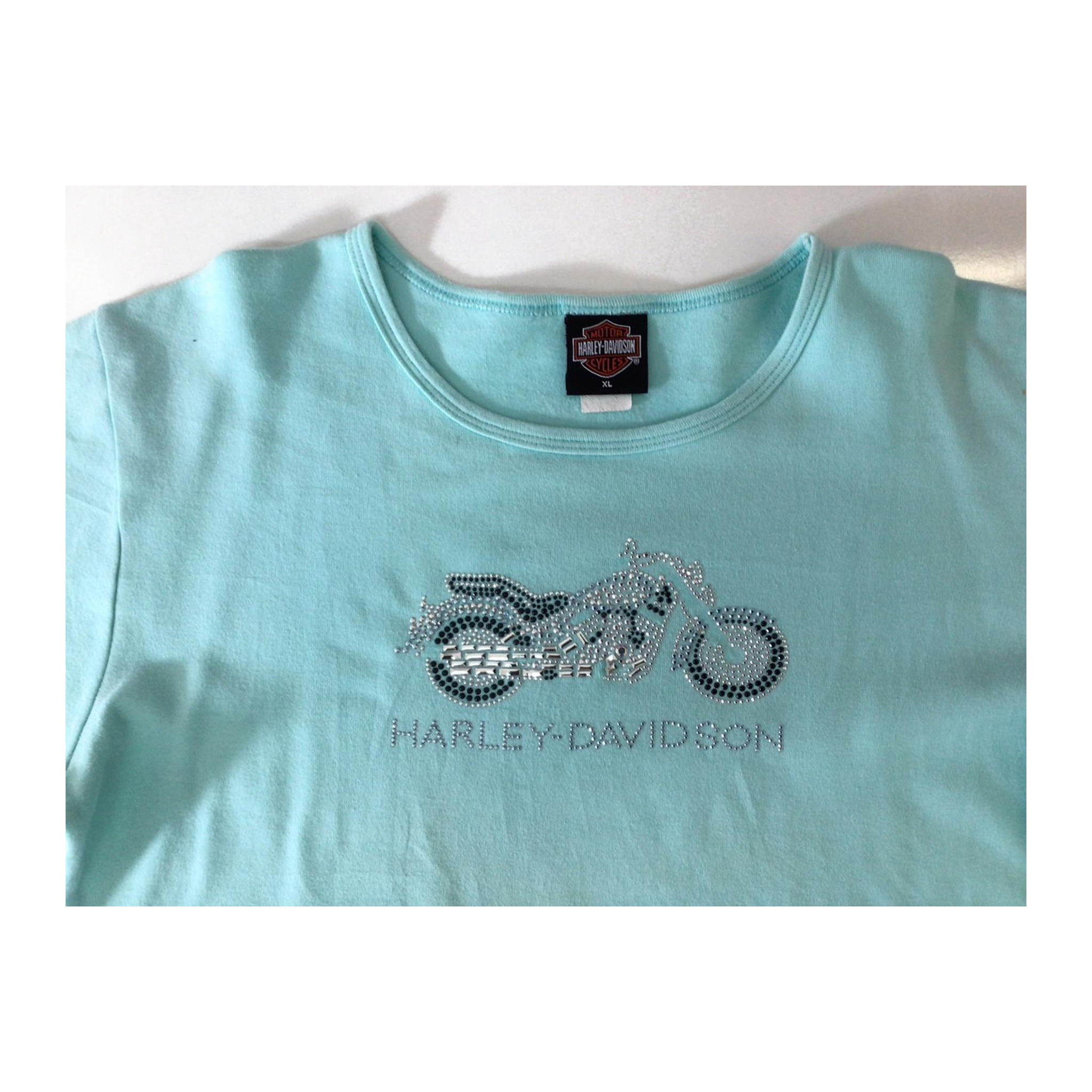 1657 Harley Davidson Women's Y2K Bedazzled Motorcycle Short Sleeve T Shirt Turquoise XL