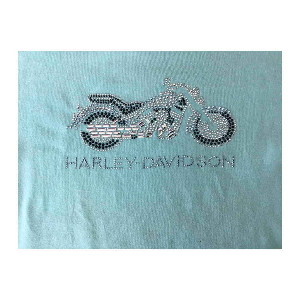 1657 Harley Davidson Women's Y2K Bedazzled Motorcycle Short Sleeve T Shirt Turquoise XL