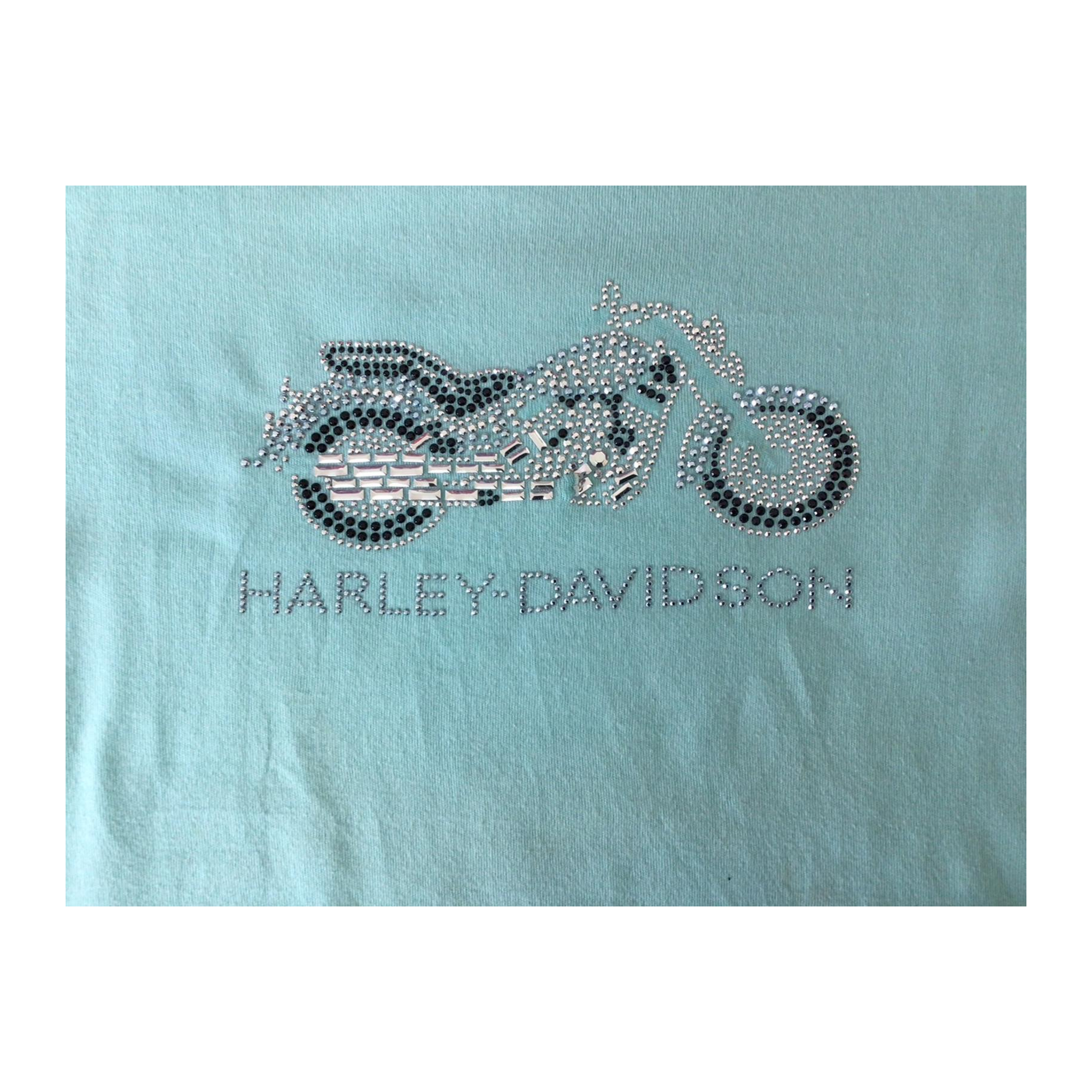 1657 Harley Davidson Women's Y2K Bedazzled Motorcycle Short Sleeve T Shirt Turquoise XL
