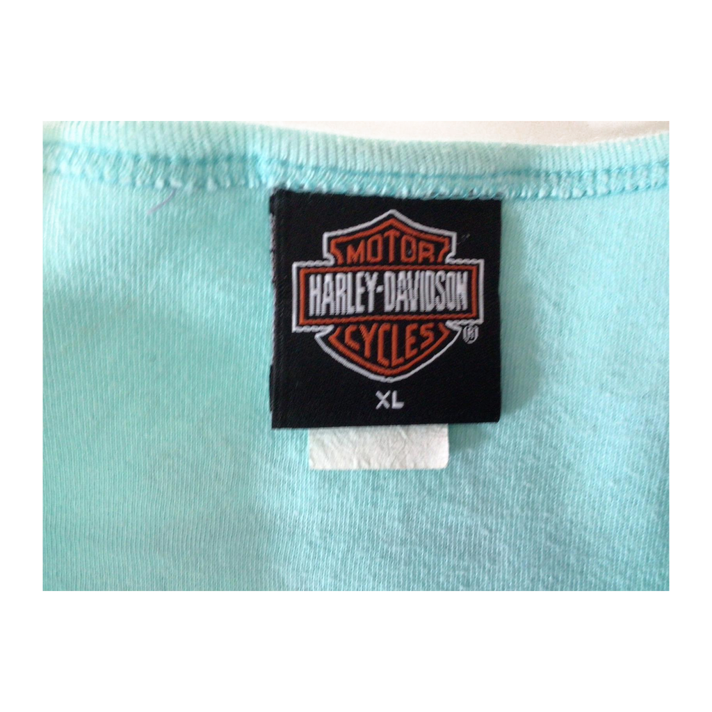 1657 Harley Davidson Women's Y2K Bedazzled Motorcycle Short Sleeve T Shirt Turquoise XL