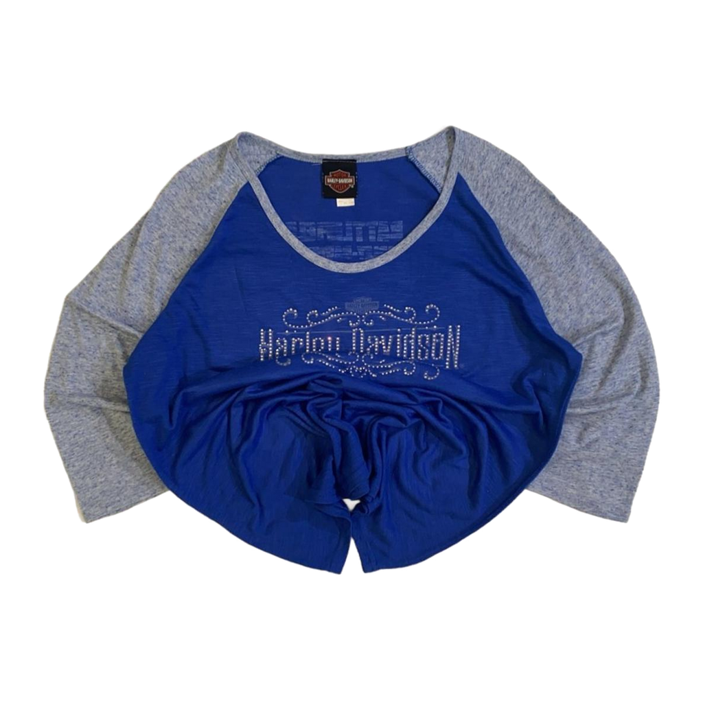 1655 Harley Davidson Women's Bedazzled Western Logo Long Sleeve Baseball Style T Shirt Blue XL
