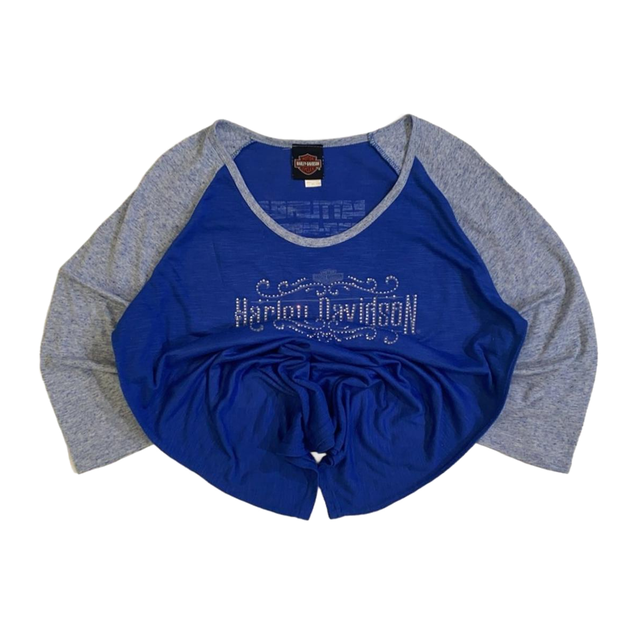 1655 Harley Davidson Women's Bedazzled Western Logo Long Sleeve Baseball Style T Shirt Blue XL