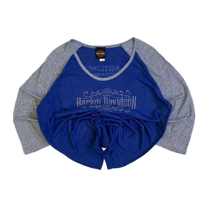 Harley Davidson Women's Bedazzled Western Logo Long Sleeve Baseball Style T Shirt Blue XL