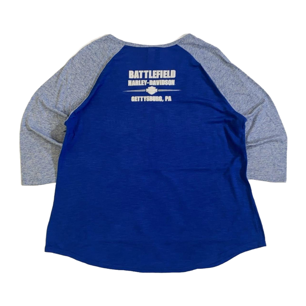 1655 Harley Davidson Women's Bedazzled Western Logo Long Sleeve Baseball Style T Shirt Blue XL
