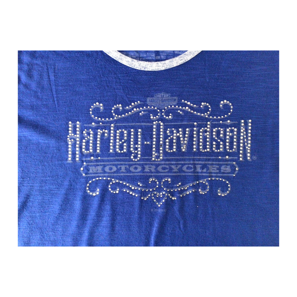 1655 Harley Davidson Women's Bedazzled Western Logo Long Sleeve Baseball Style T Shirt Blue XL