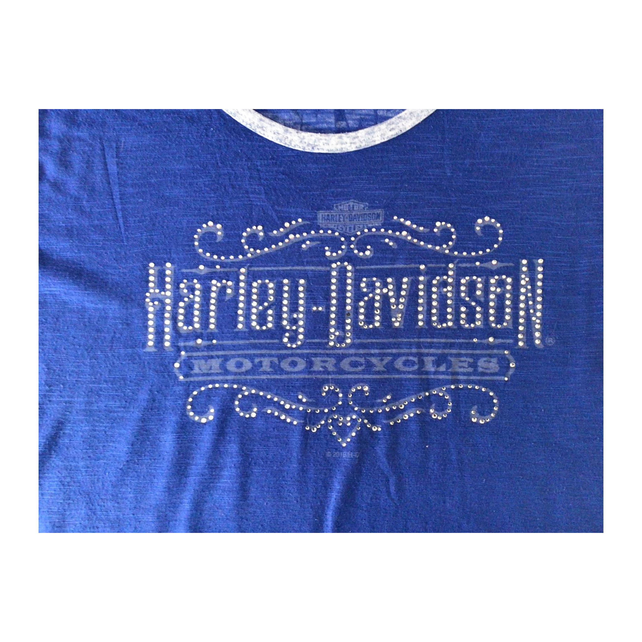 1655 Harley Davidson Women's Bedazzled Western Logo Long Sleeve Baseball Style T Shirt Blue XL