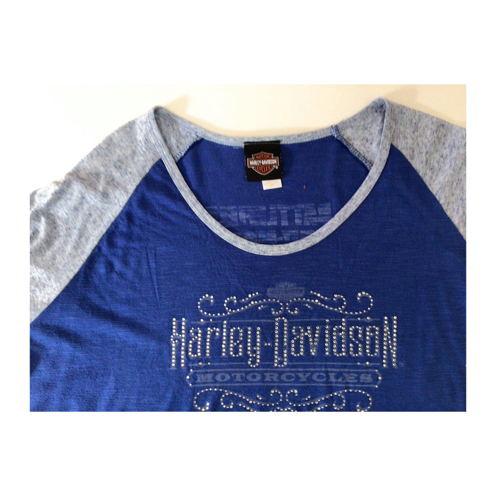 1655 Harley Davidson Women's Bedazzled Western Logo Long Sleeve Baseball Style T Shirt Blue XL