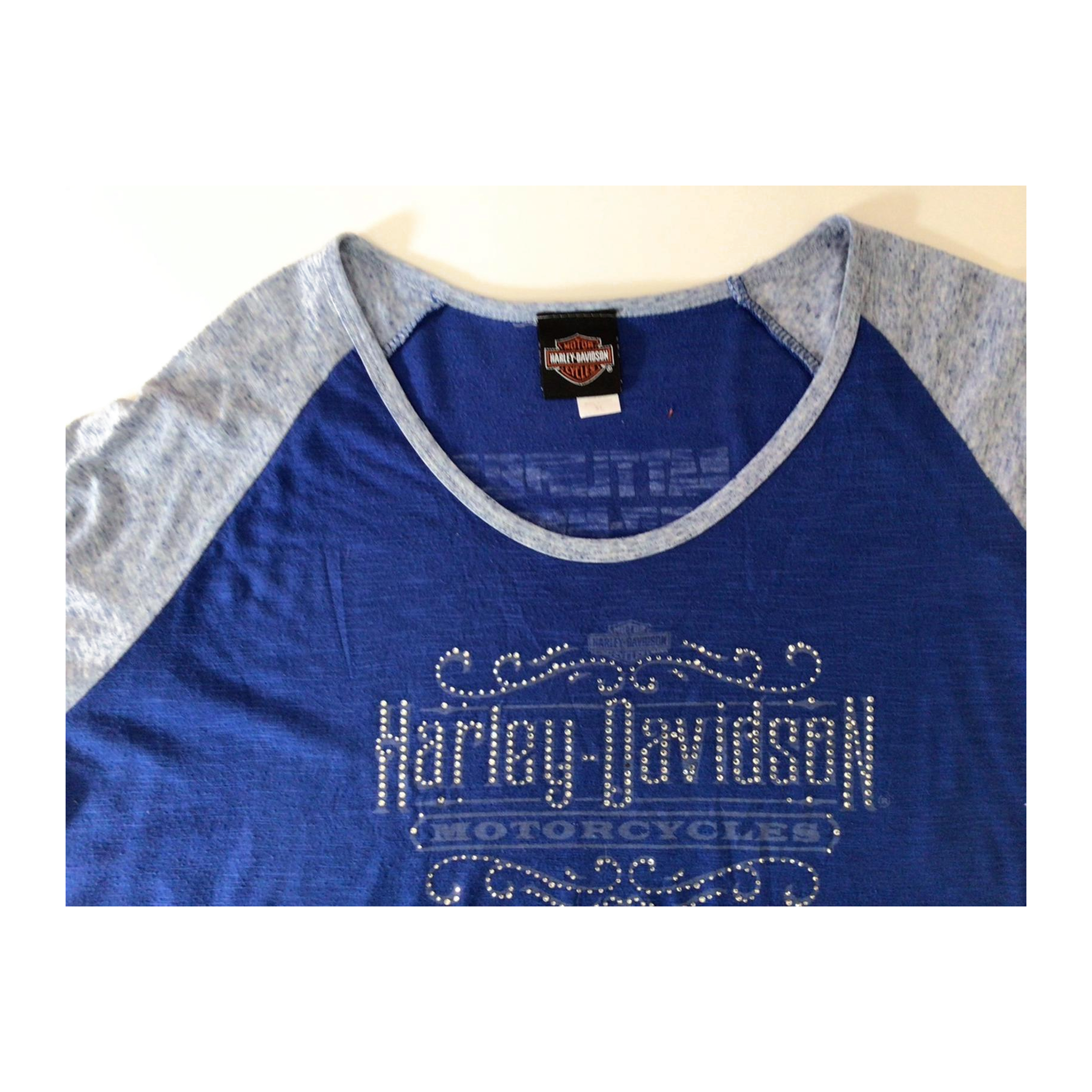 1655 Harley Davidson Women's Bedazzled Western Logo Long Sleeve Baseball Style T Shirt Blue XL
