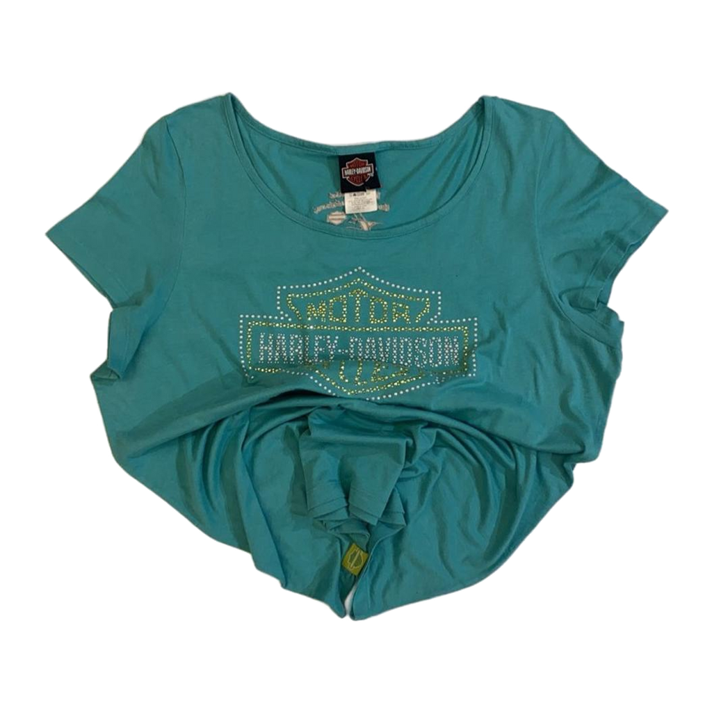 1654 Harley Davidson Women's Bedazzled Logo Short Sleeve T Shirt Turquoise 2XL