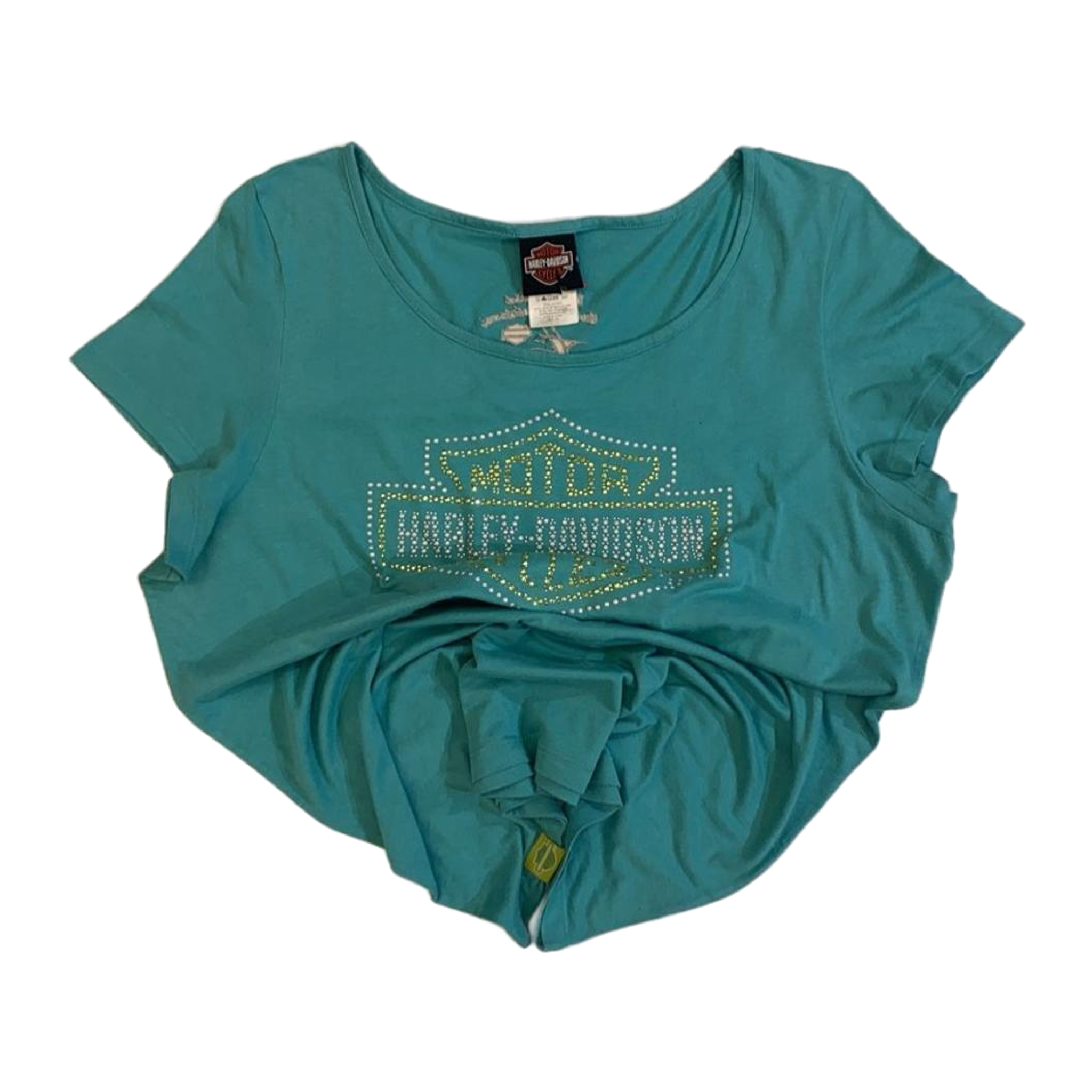 1654 Harley Davidson Women's Bedazzled Logo Short Sleeve T Shirt Turquoise 2XL