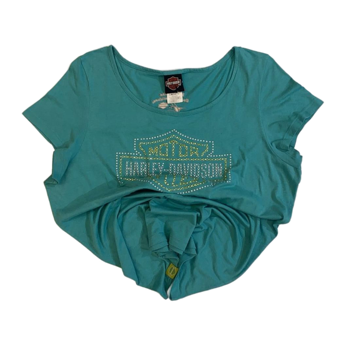 Harley Davidson Women's Bedazzled Logo Short Sleeve T Shirt Turquoise 2XL