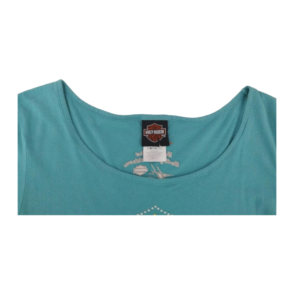 1654 Harley Davidson Women's Bedazzled Logo Short Sleeve T Shirt Turquoise 2XL