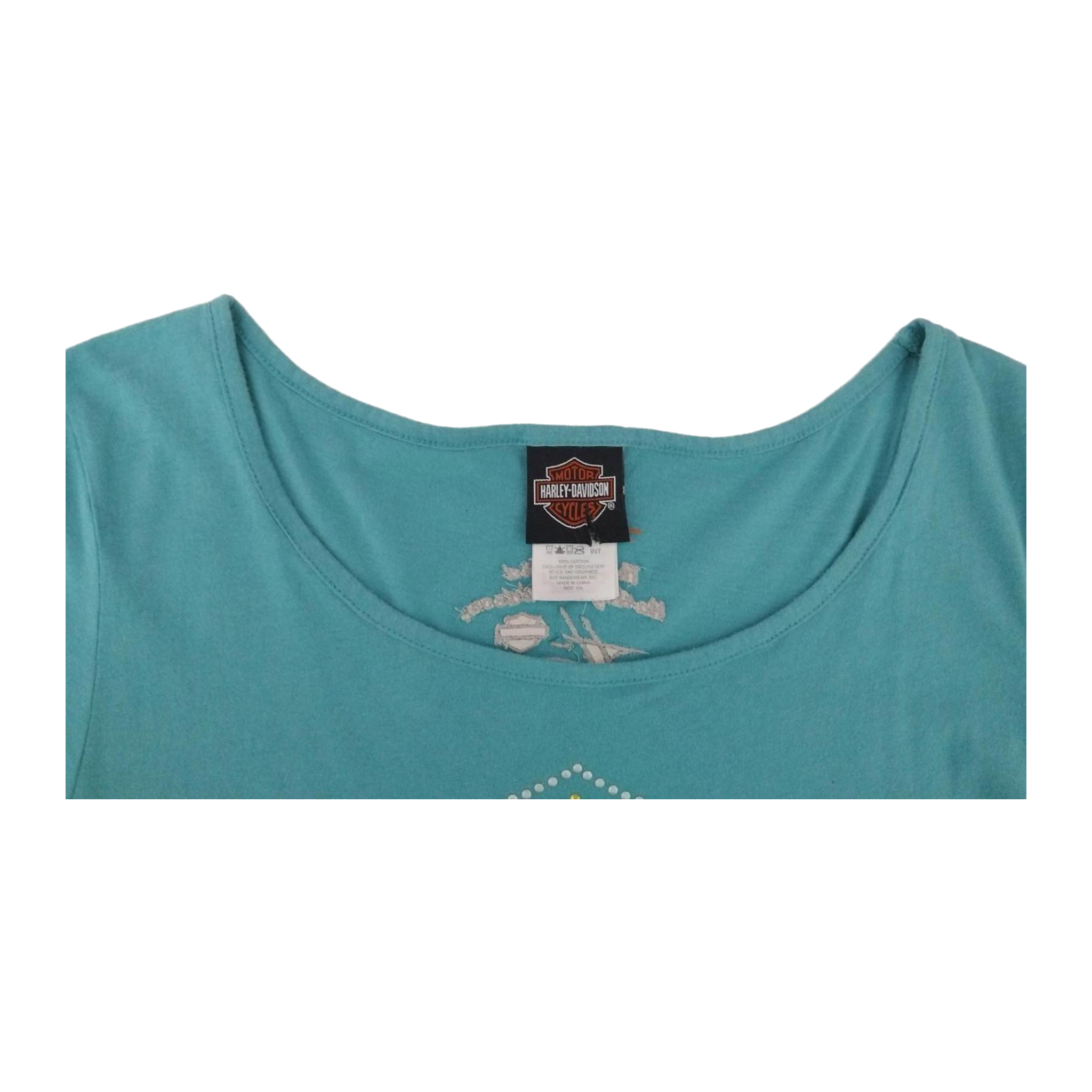 1654 Harley Davidson Women's Bedazzled Logo Short Sleeve T Shirt Turquoise 2XL