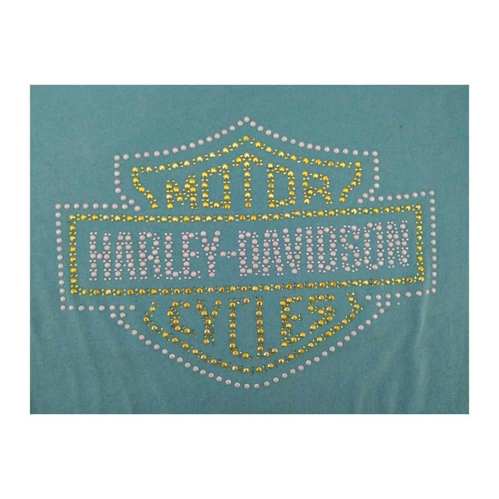 1654 Harley Davidson Women's Bedazzled Logo Short Sleeve T Shirt Turquoise 2XL