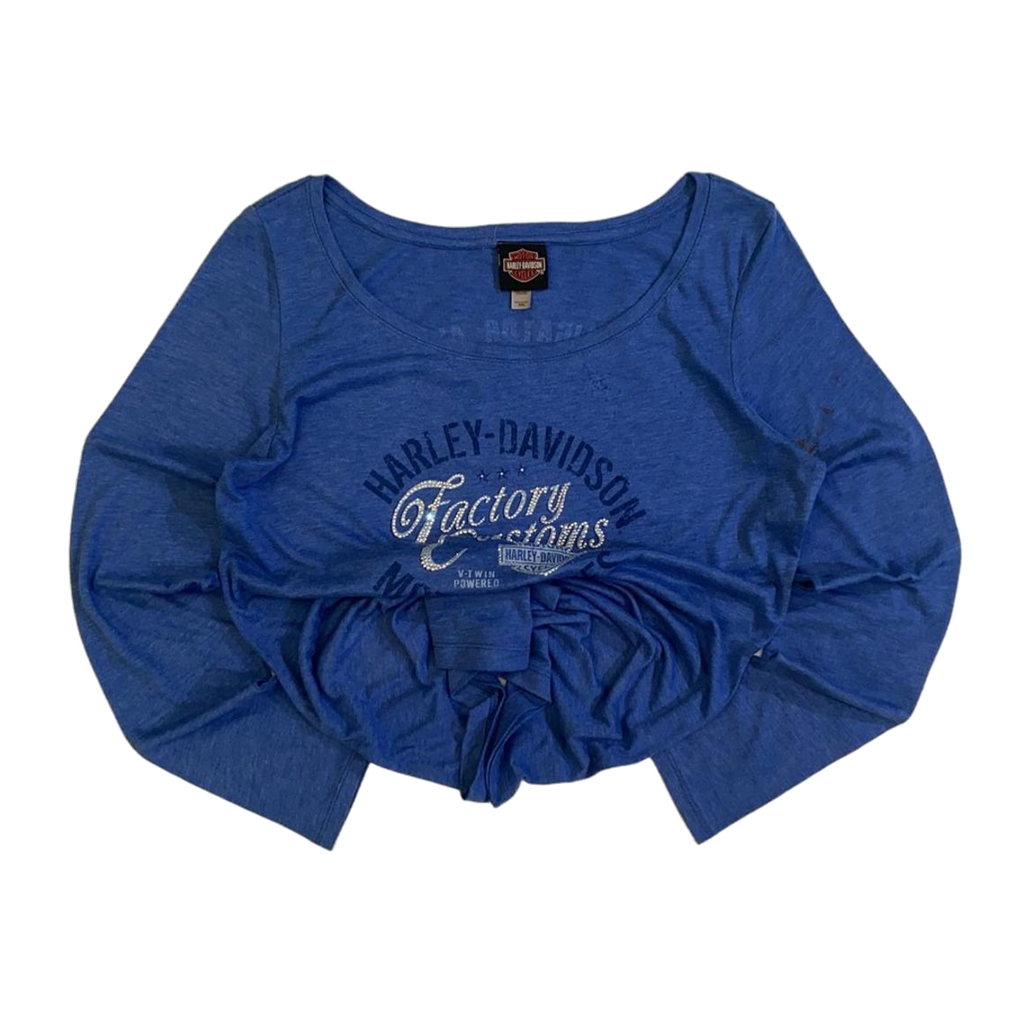 1653 Harley Davidson Women's Bedazzled Factory Customs Long Sleeve T Shirt Blue 2XL