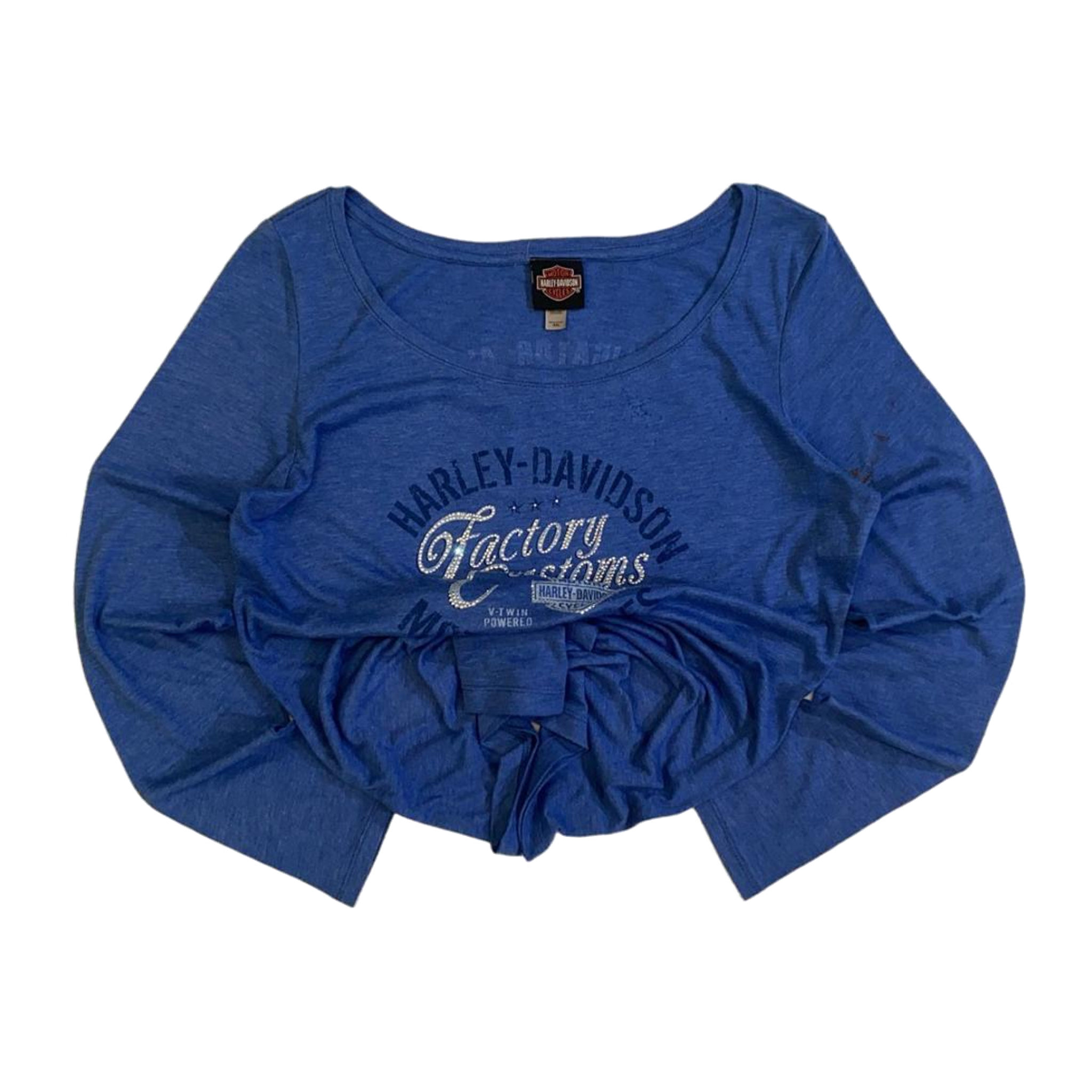 1653 Harley Davidson Women's Bedazzled Factory Customs Long Sleeve T Shirt Blue 2XL